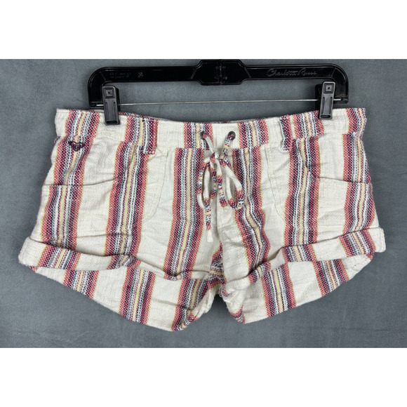Roxy Micro Mini Low Rise Drawstring Shorts Size M Multicolor Striped Retro Beach - Picture 1 of 9